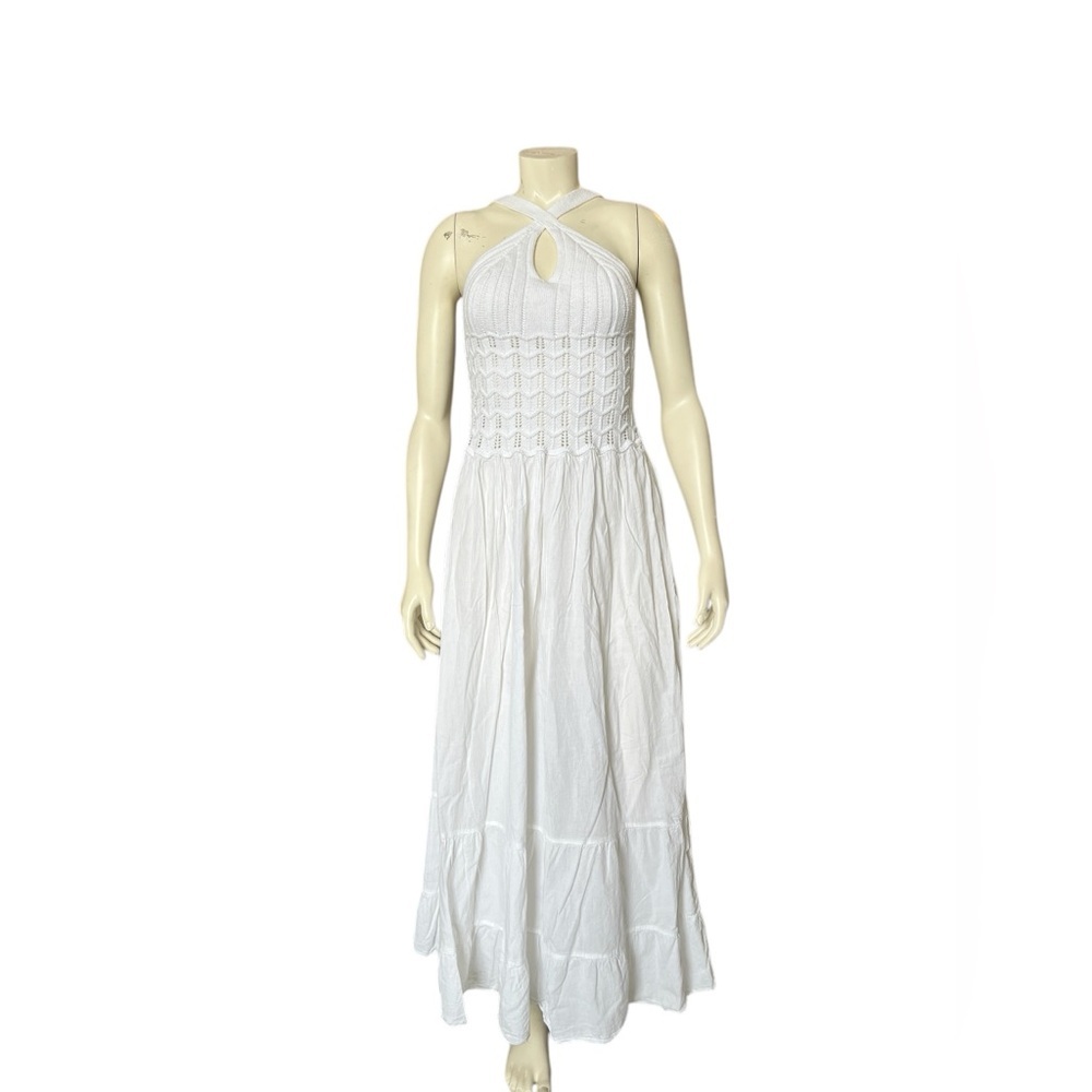 Vintage Cotton White Halter Maxi Dress Crochet Bodice Boho Summer Size Small